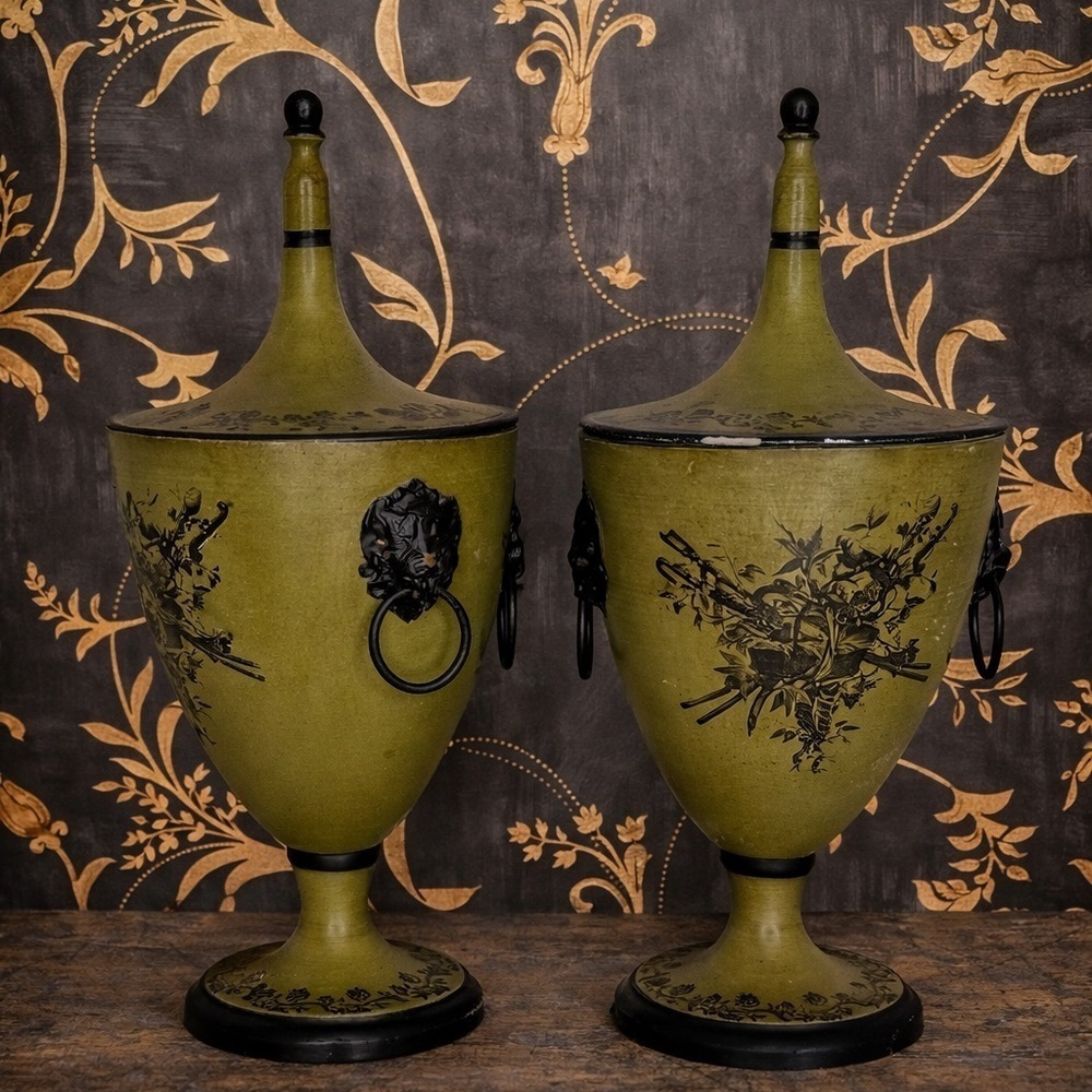 Mid Century Italian Olive Tole Urns Pair Signed